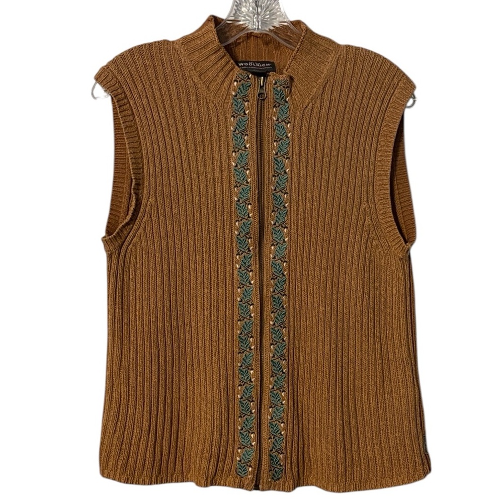 Vintage Woolrich Forest Sweater Vest L Camel Green Leaves Indi Granola Girl boho - Picture 3 of 9